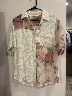 Vintage HYPE Floral Lace Patchwork Sheer Button Up Blouse Cottagecore M